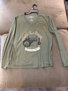 Ariat Olive Green V-Neck Long Sleeve Tee with Tractor Graphic
